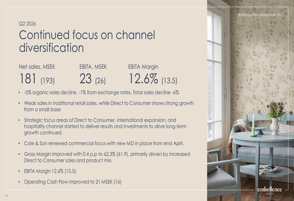 Embellence Q2 2026 slides: revenue slips 6% amid retail headwinds