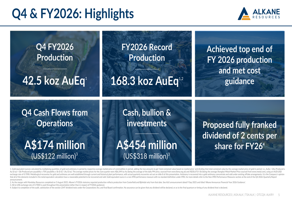 Alkane Resources FY2026 slides: record output, inaugural dividend